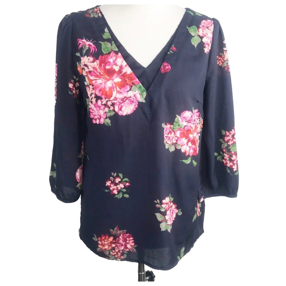 Skies Are‎ Blue Navy Floral V Neck 3/4 Sleeve Sheer Chiffon Blouse Top